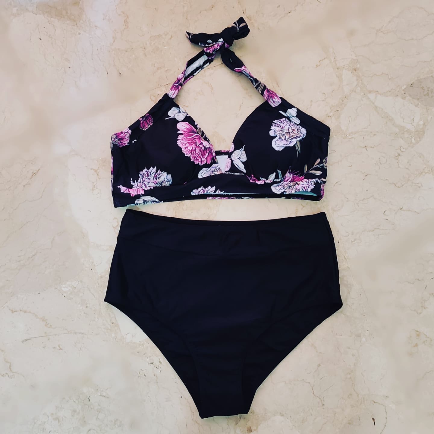 Floral V Neck Halter High Waisted Bikini